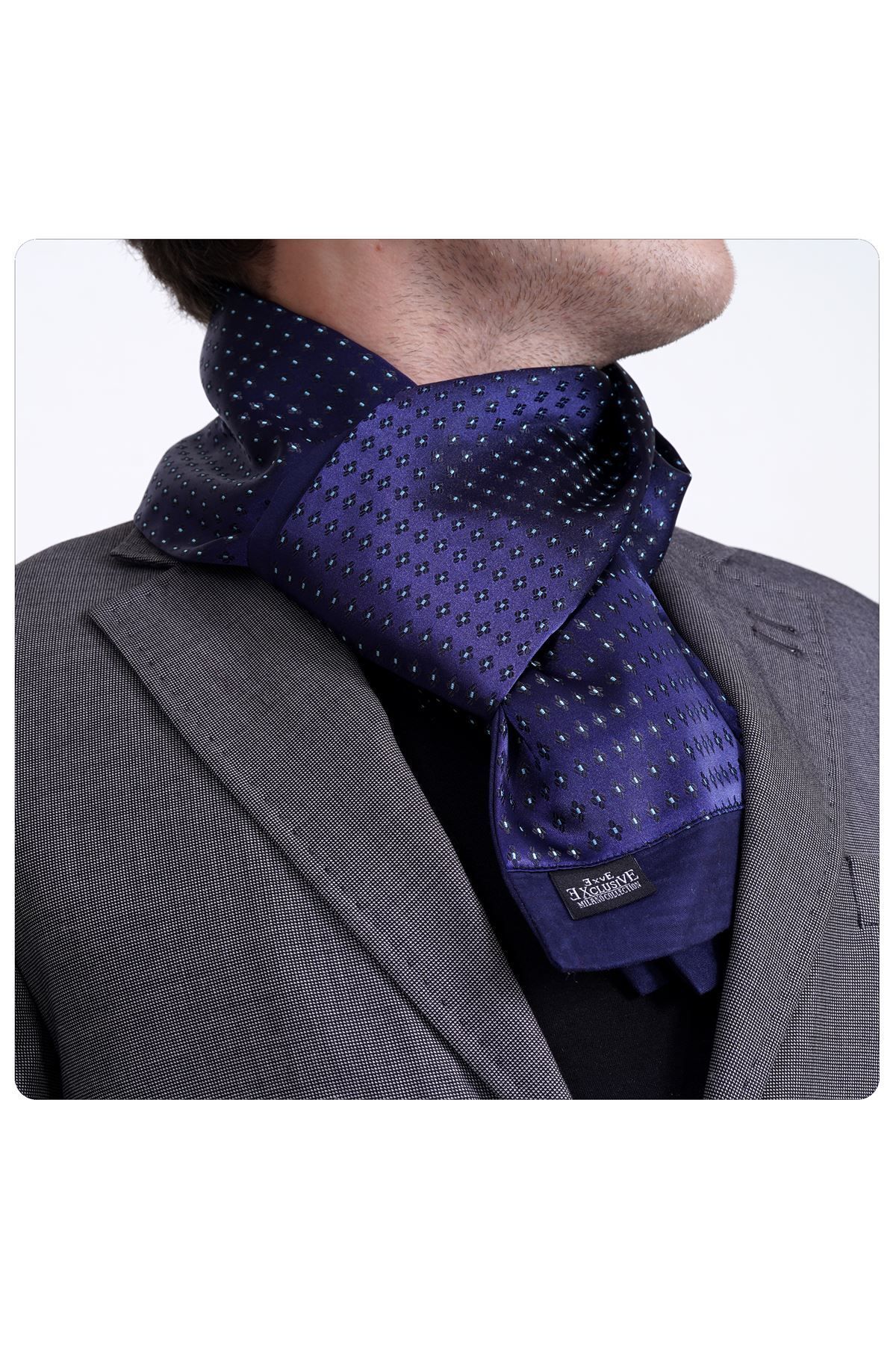 Exve Exclusive Turquoise Black Floral Jacquard Woven Elegant Double Sided Scarf on a Navy Blue Background