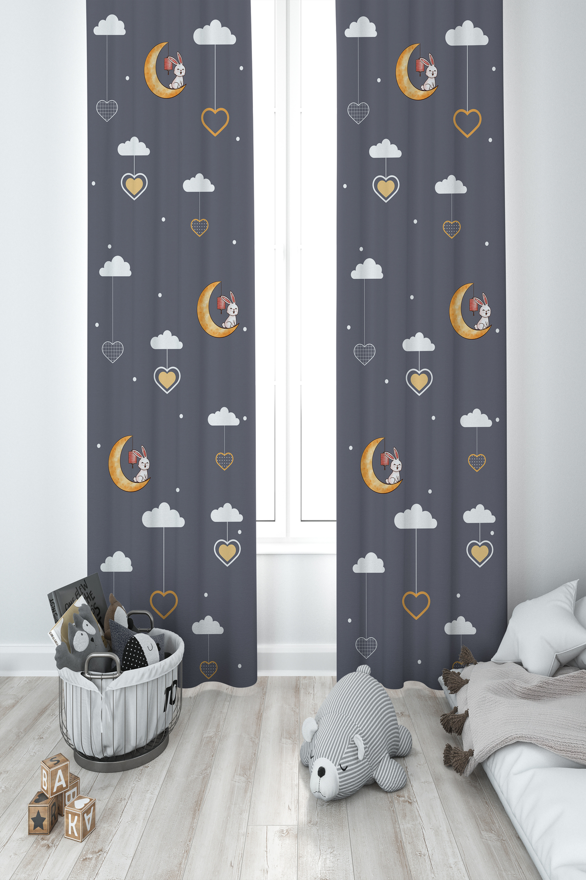 MASAL ODAM Camera Bebeșilor Și Copiilor Iepure Așezat Pe Lună Perdele De Fundal Cu 2 Aripi Cu Model - 100 x 240