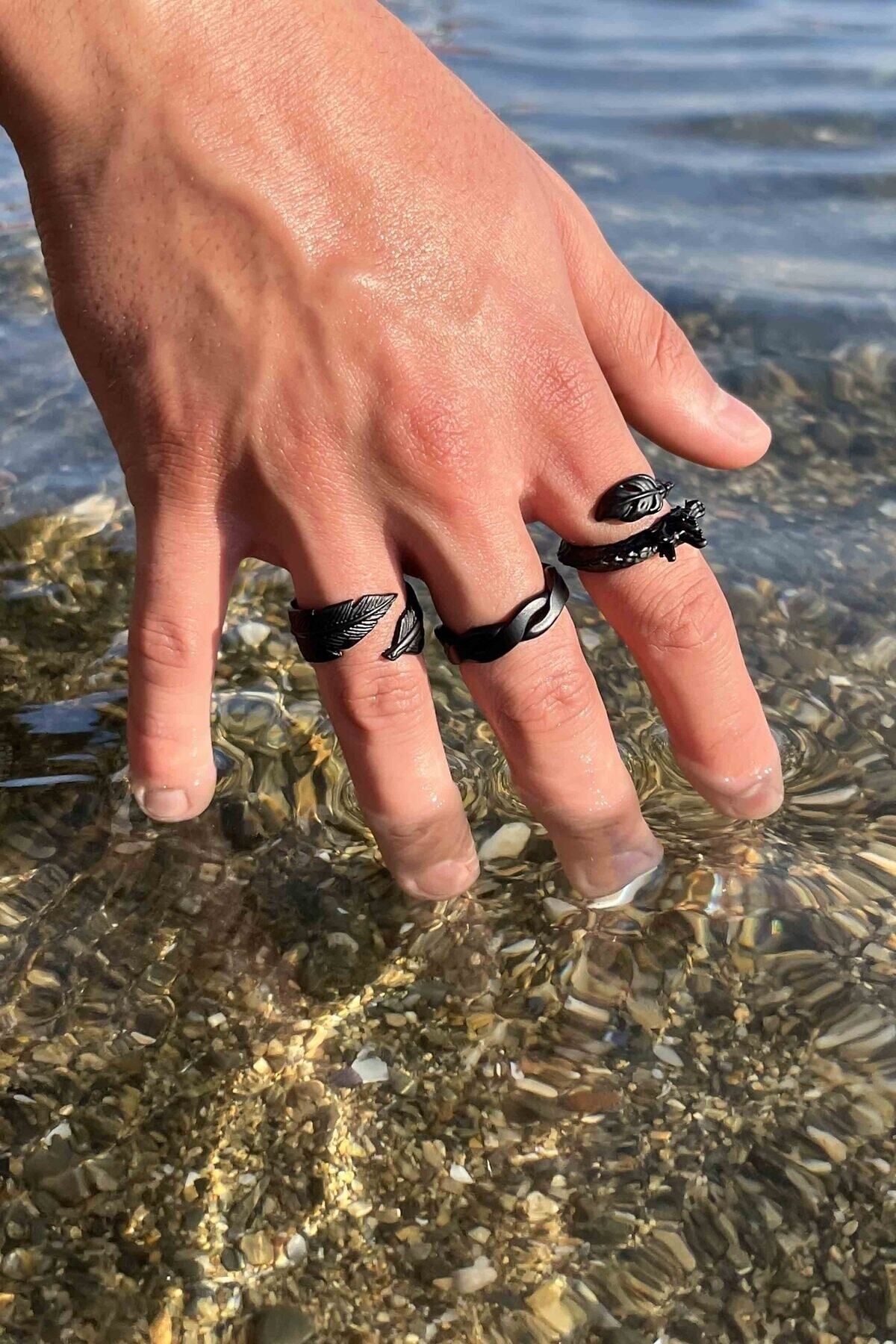 TREND COLLECT ON Dragon Spiral Leaf Model 3 Piece Black Adjustable Men s Ring Set