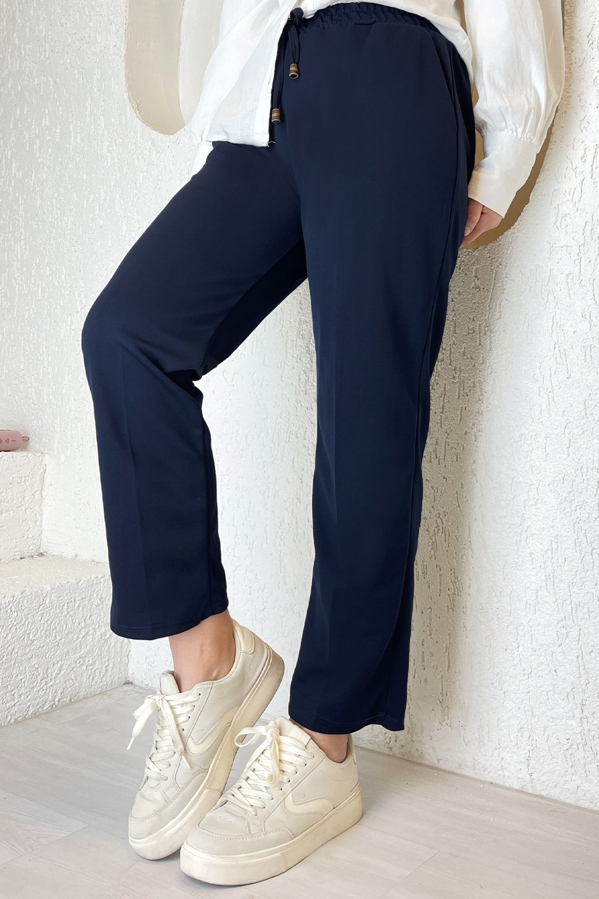 InStyle-Pantaloni din Tesatura Dubla Lycra cu Talie Elastica - Bleumarin 3