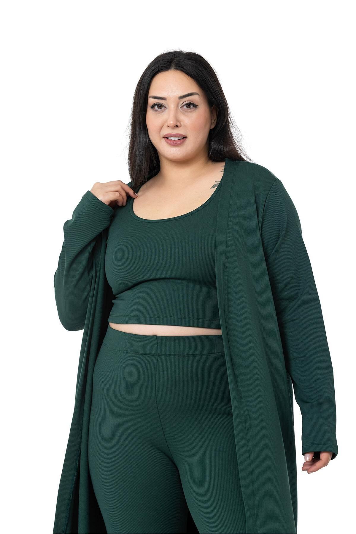DISENTIS MODEST-Large Size Ribbed Crop Body Tights Cardigan Triple Emerald Set 2