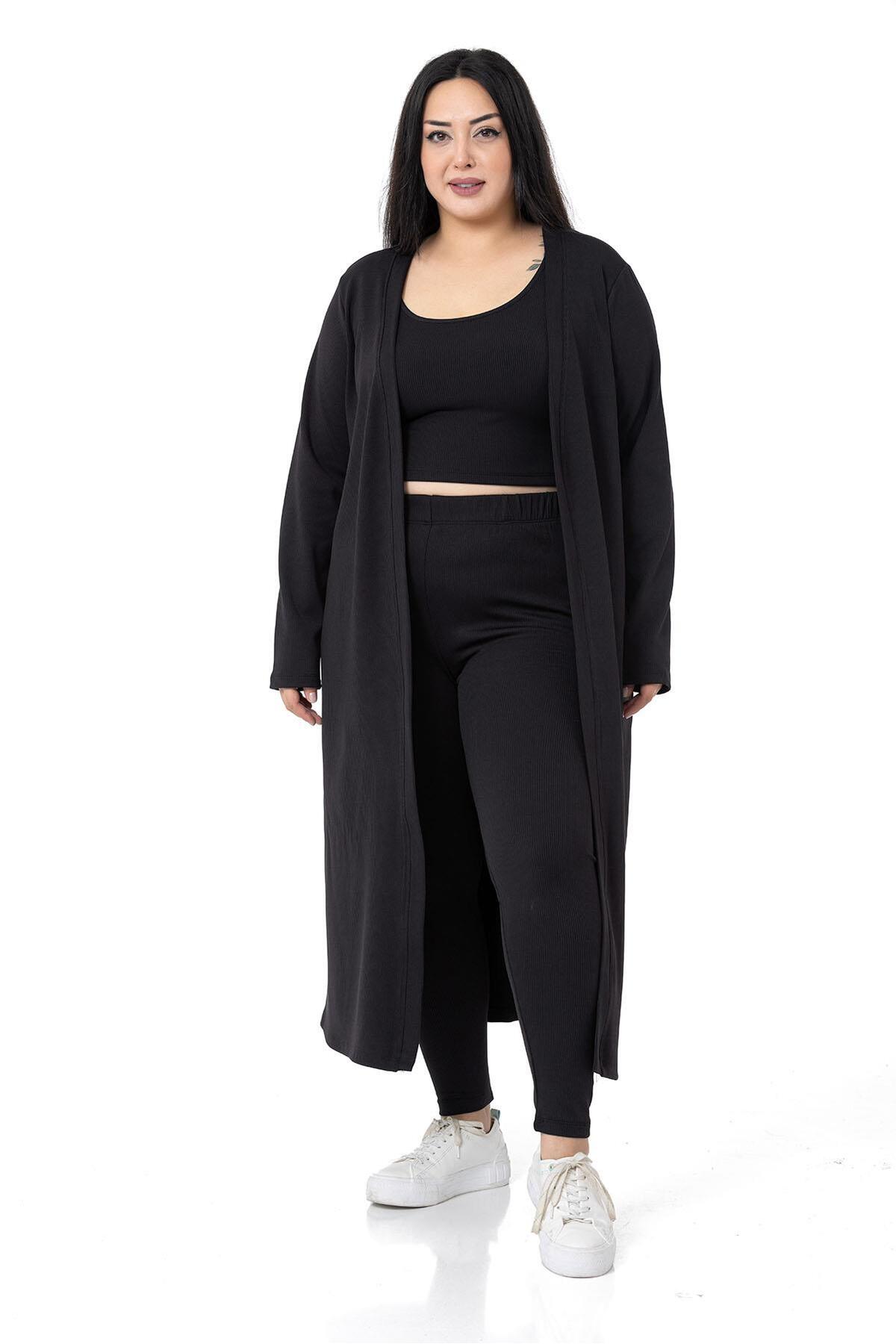 DISENTIS MODEST Büyük Beden Fitilli Crop Body Tayt Hırka Üçlü Siyah Takım