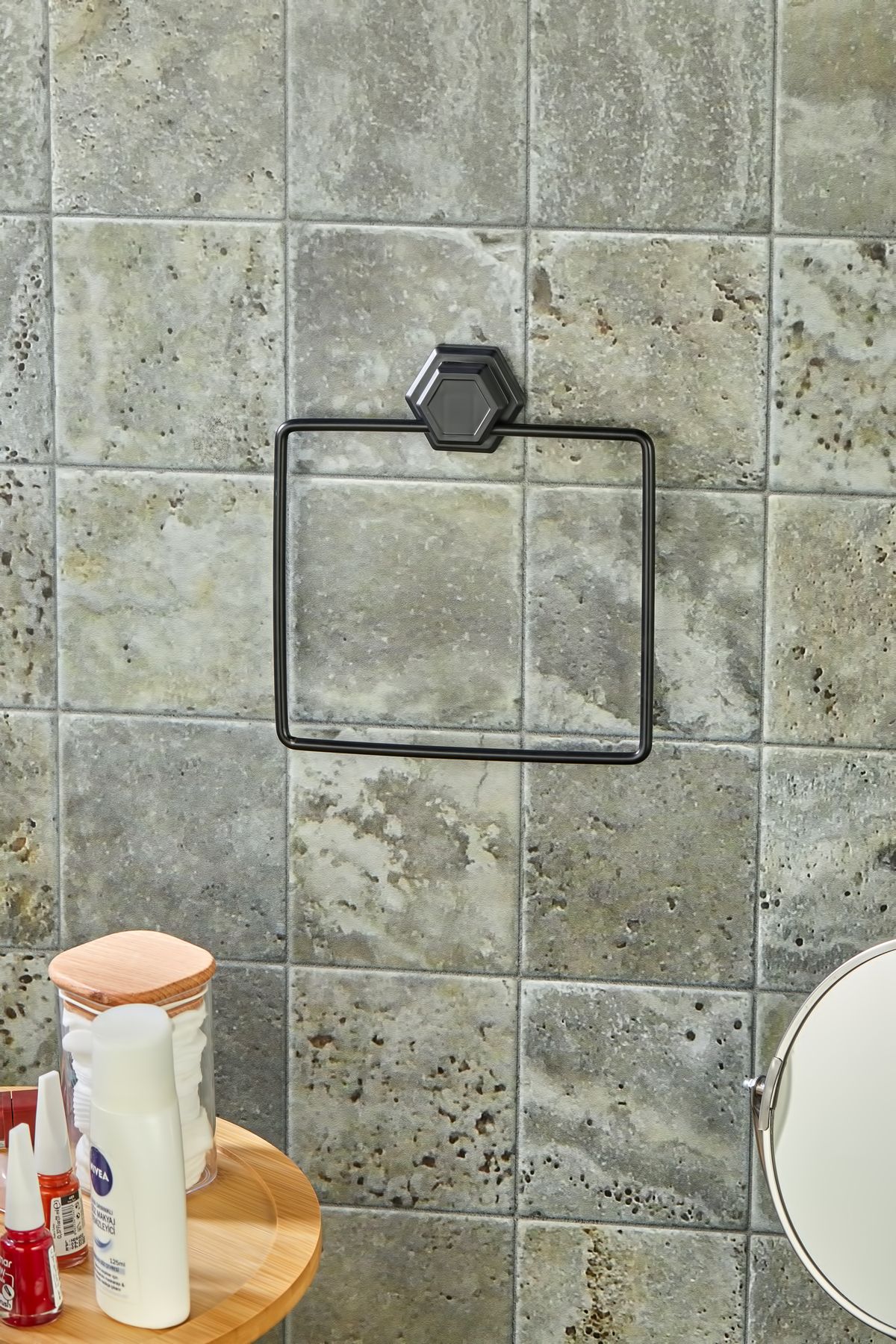 FBZhome-Adhesive Square Black Towel Holder Rack Bathroom Organizer 3