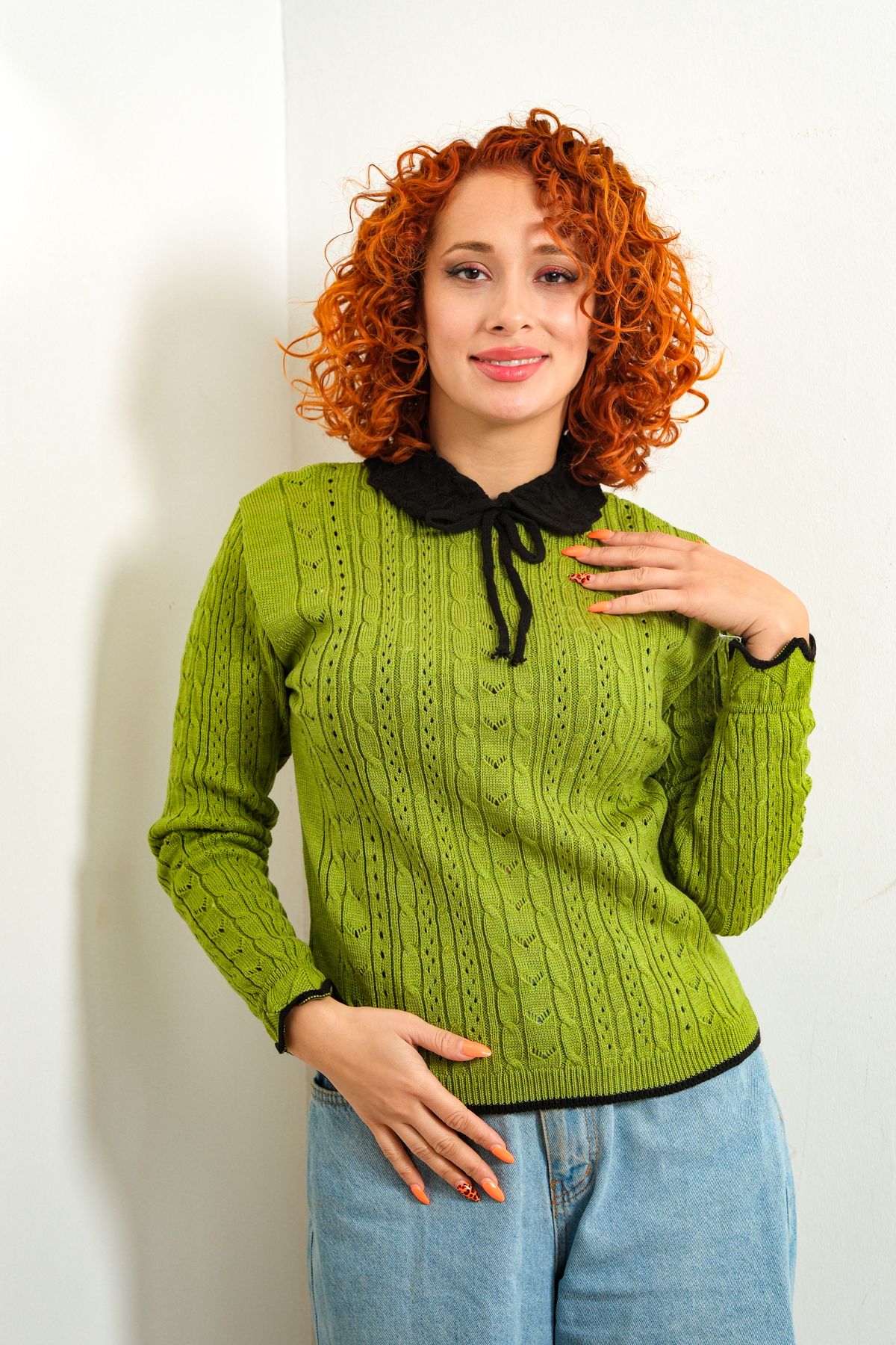 HayalGecesi Women s Green Soft Textured Hole Baby Collar Knitwear