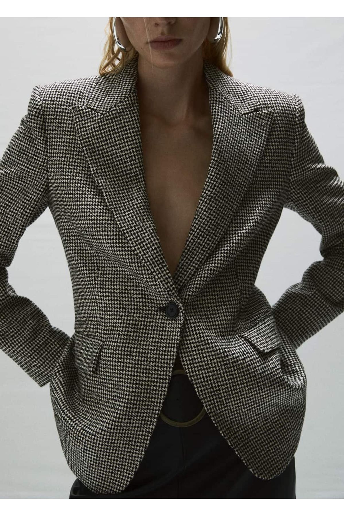 MANGO Woman-Houndstooth Patterned Blazer Jacket with Flap 6
