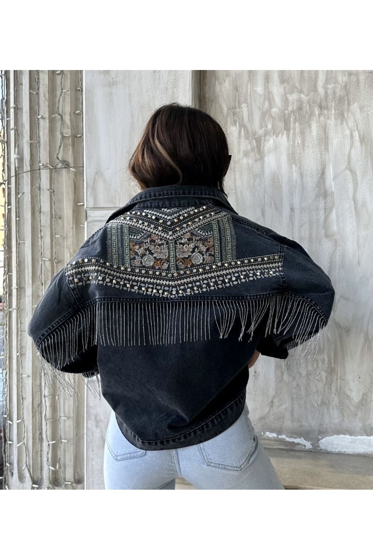 Denim jacket with wool sleeves store