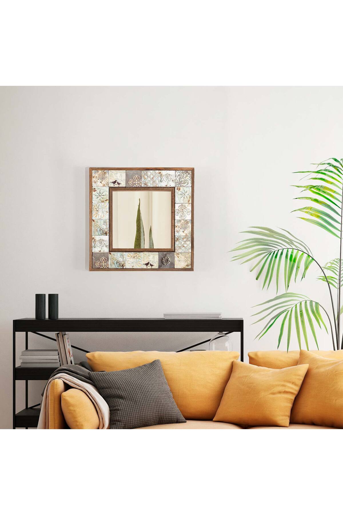 bluecape Doğal Ağaç 32x32 Cm Antik Limra Taş Çerçeveli Dekoratif Ayna