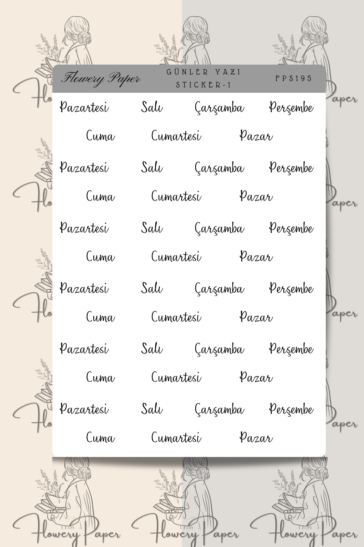 Flowery Paper Şeffaf Günler Sticker Sayfası model 1- Defter ,Ajanda , Journal,Scrapbook için uygundur