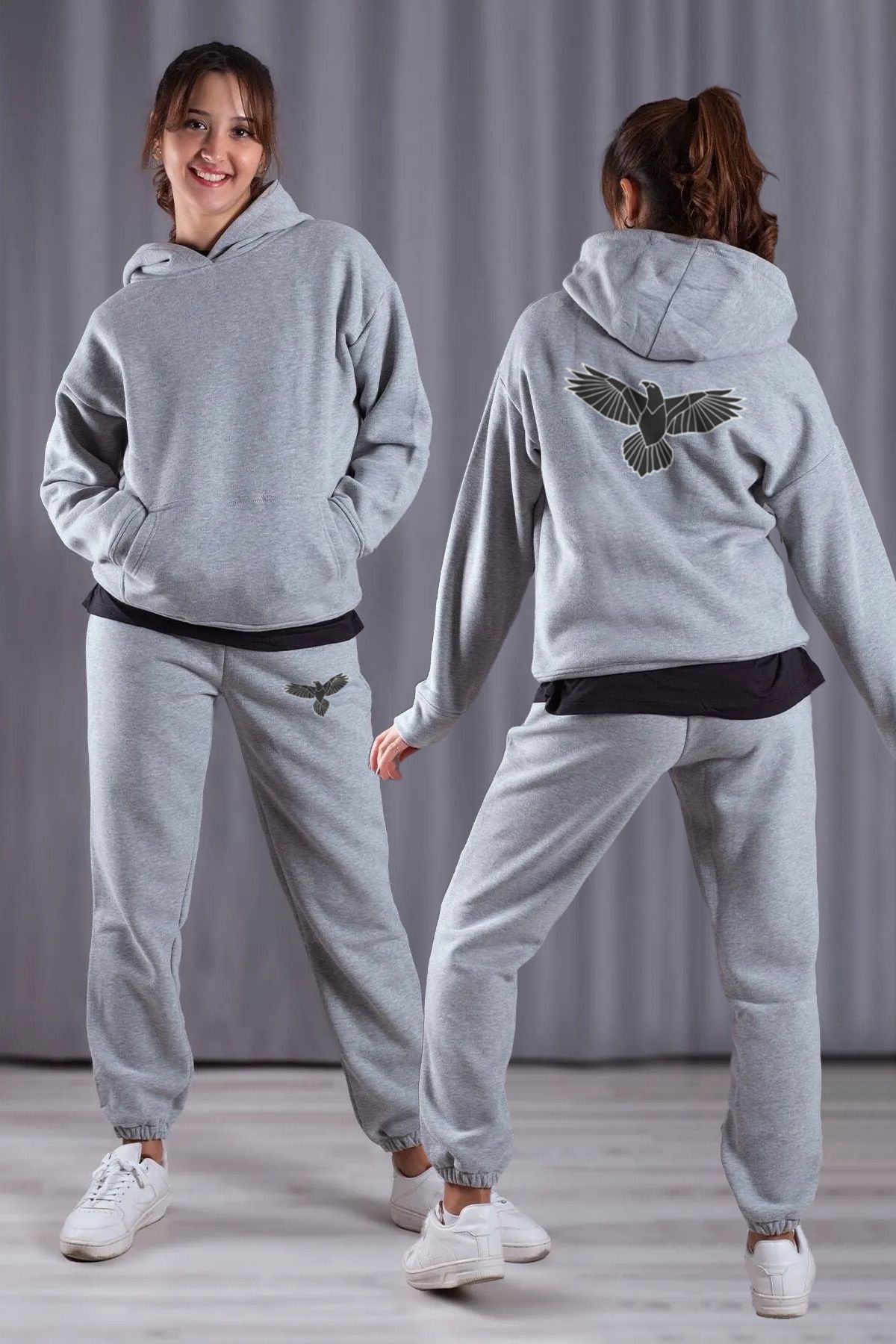 aynewmoda Women s Eagle Printed Hooded Sweatshirt Tracksuit Bottom