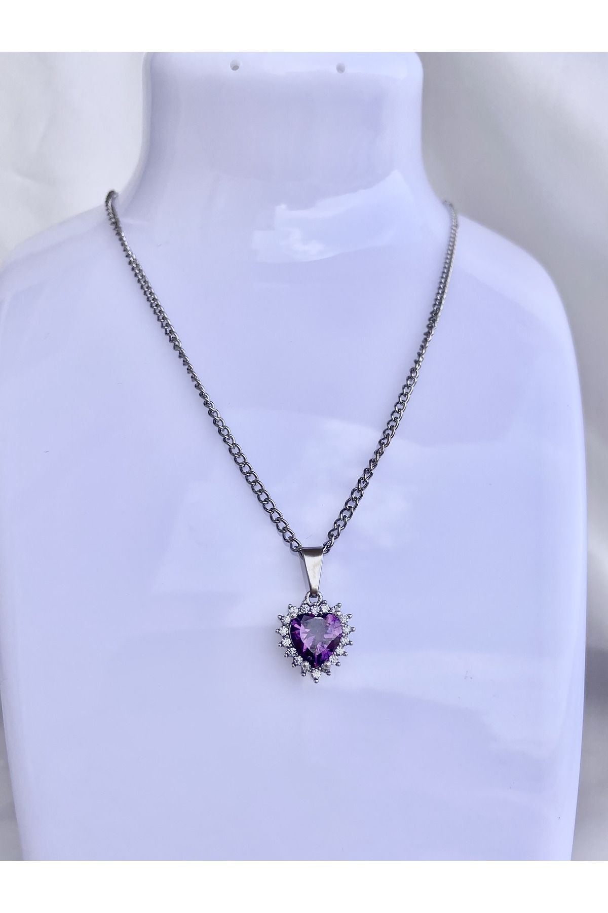 eyma Temel Purple Stone Silver Necklace with Heart Pandora Trendyol