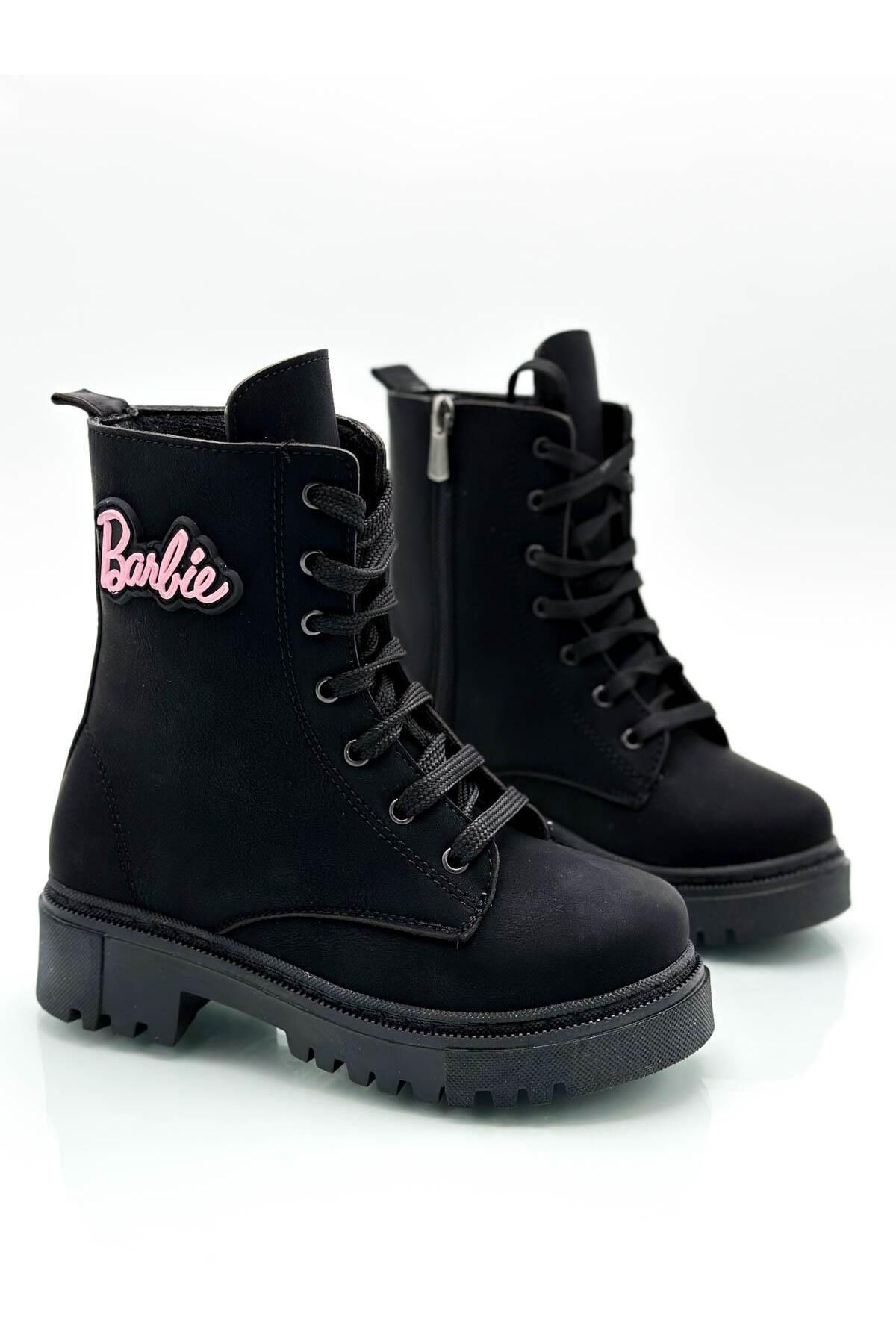sermoda Barbie Sticker Embroidered Girls Boots Patent Leather Black
