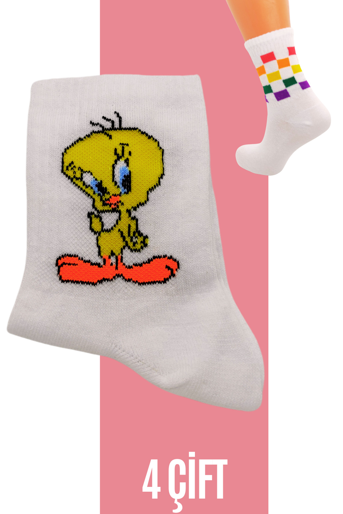 Kadın Erkek Çocuk Çorap Çok Renkli Desenli Kolej (4 Çift) Düz Çizgili Tenis Model — görsel 2 · LİMONSOCKS-217