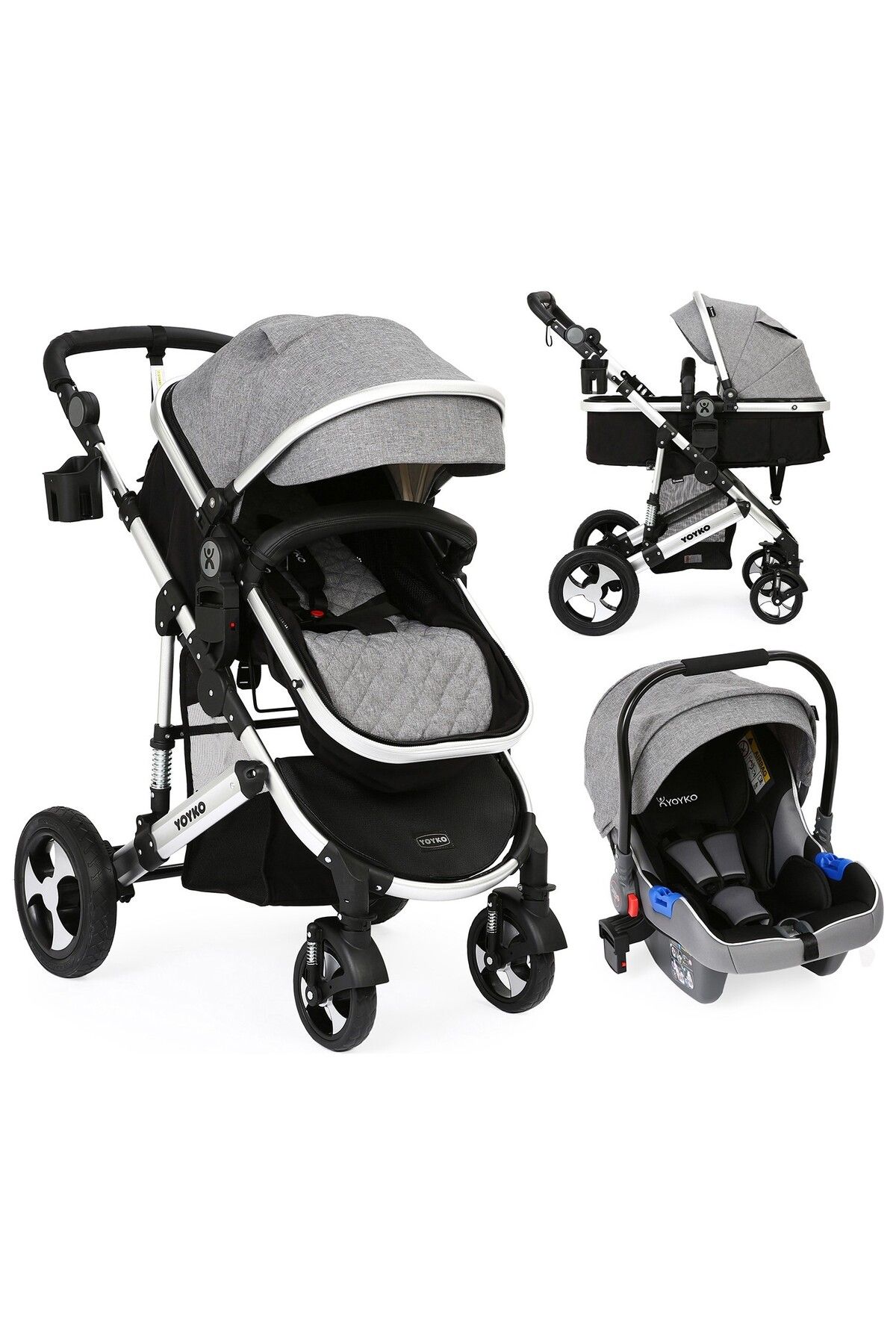 Детская коляска Yoyko Ultimate Travel System 3 в 1 серо-серебристая 8682205914584