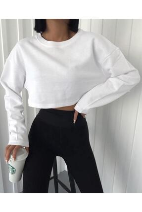 Genel Markalar Beyaz Crop Bisiklet Yaka Sweatshirt