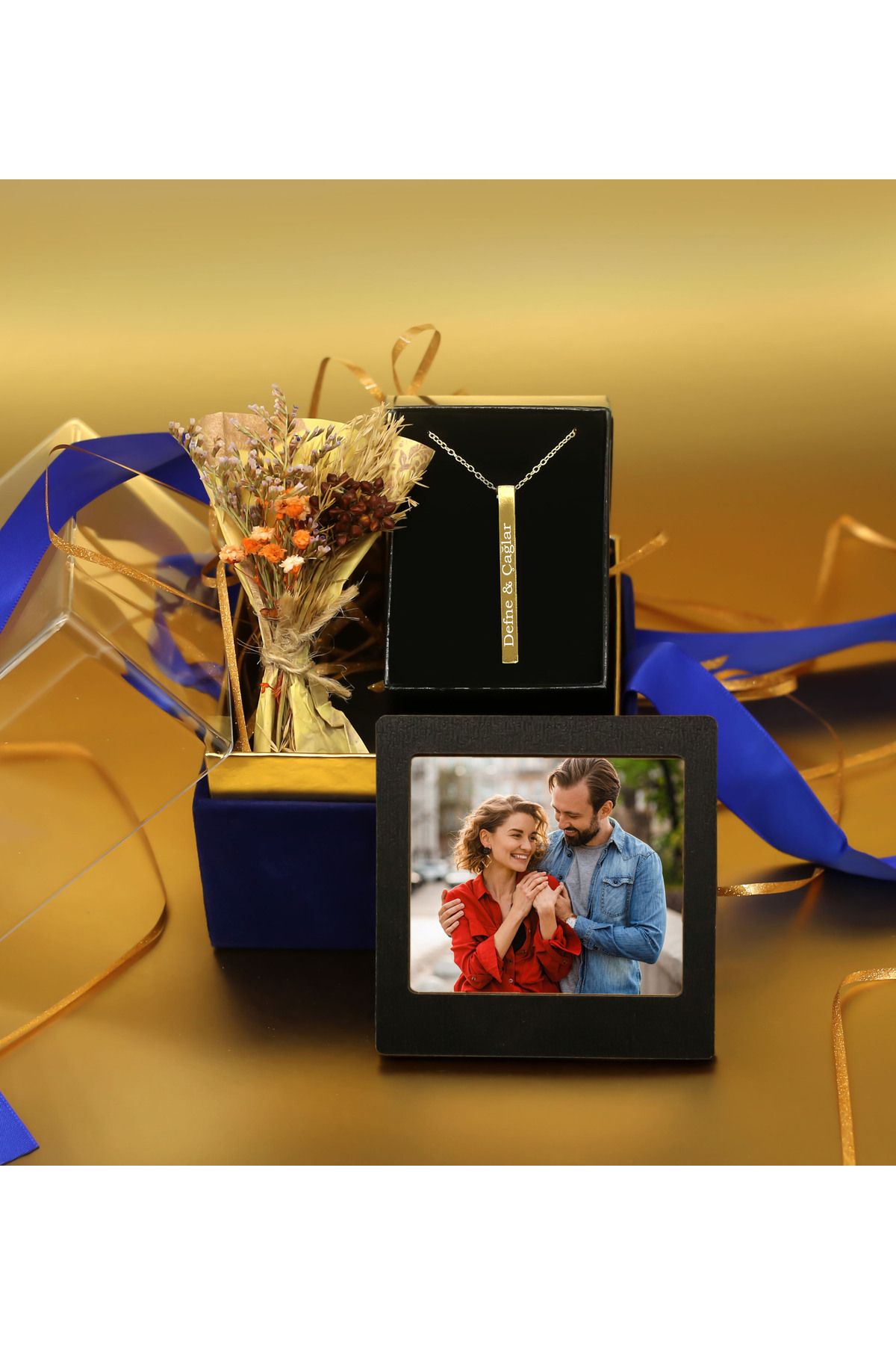 Personalized Instagram Frame & Personalized Stick Necklace & Handmade Flower Gift Set in Your Special Box