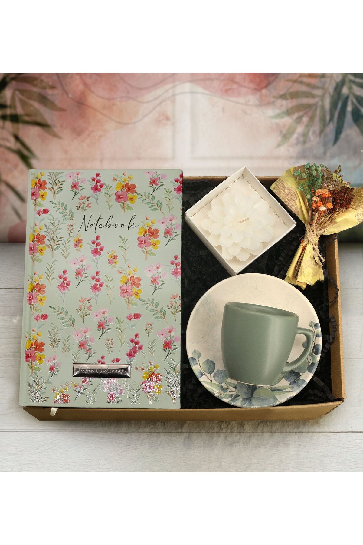 Personalized Patterned Notebook & Colorful Coffee Cup & Decorative Candle & Handmade Flower Gift Set