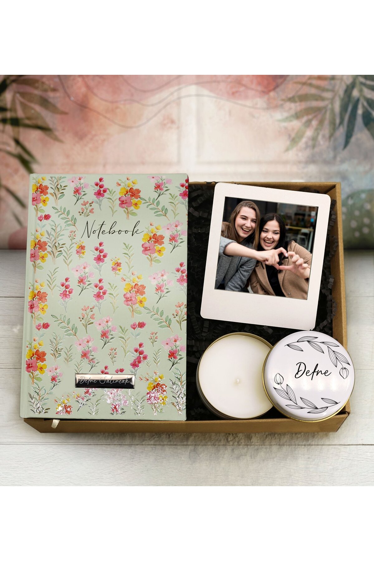 Personalized Patterned Notebook & Personalized Instagram Frame & Metal Boxed Candle Gift Set
