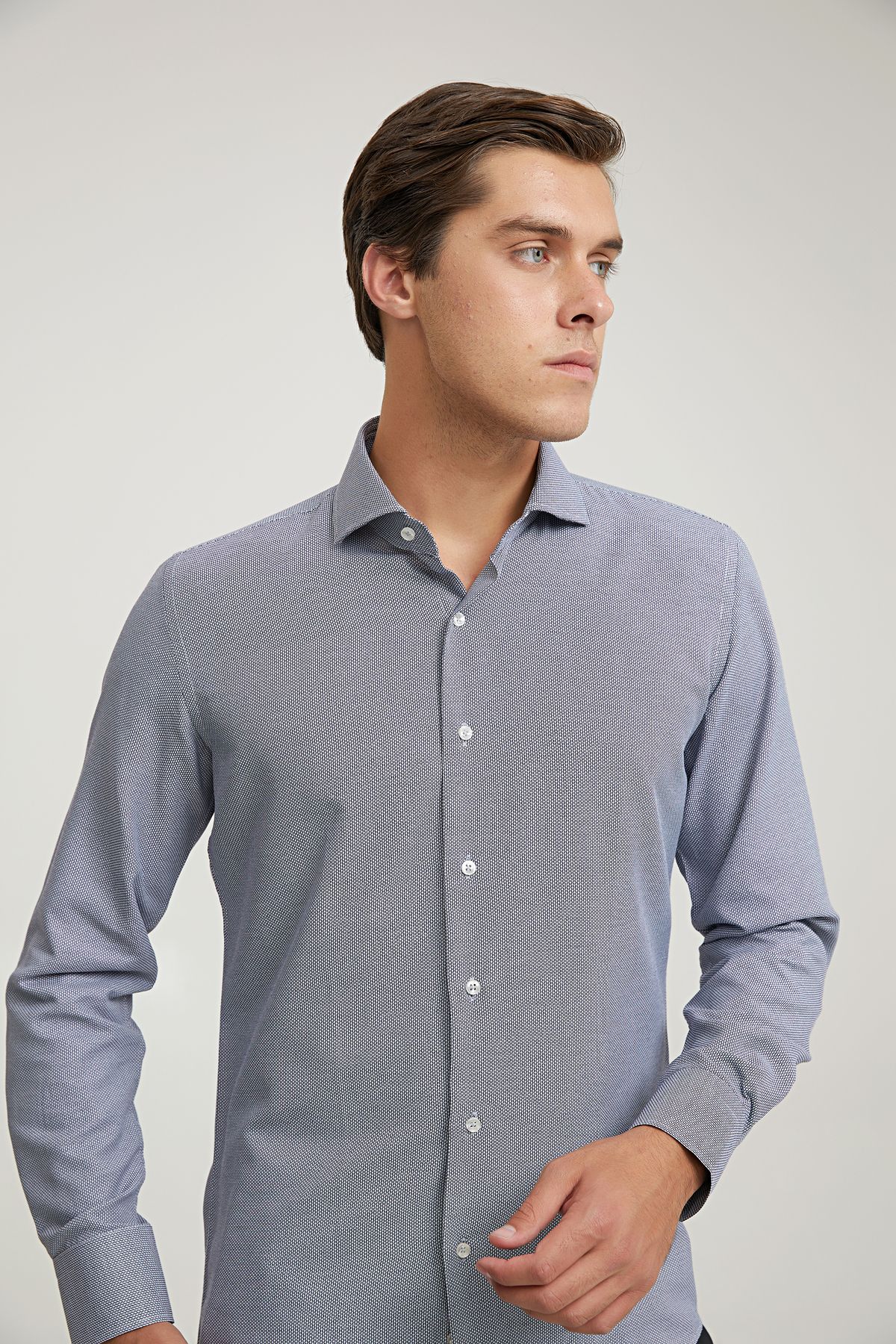 D'S Damat-Navy Blue Patterned Ds Groom Slim Fit Shirt 3