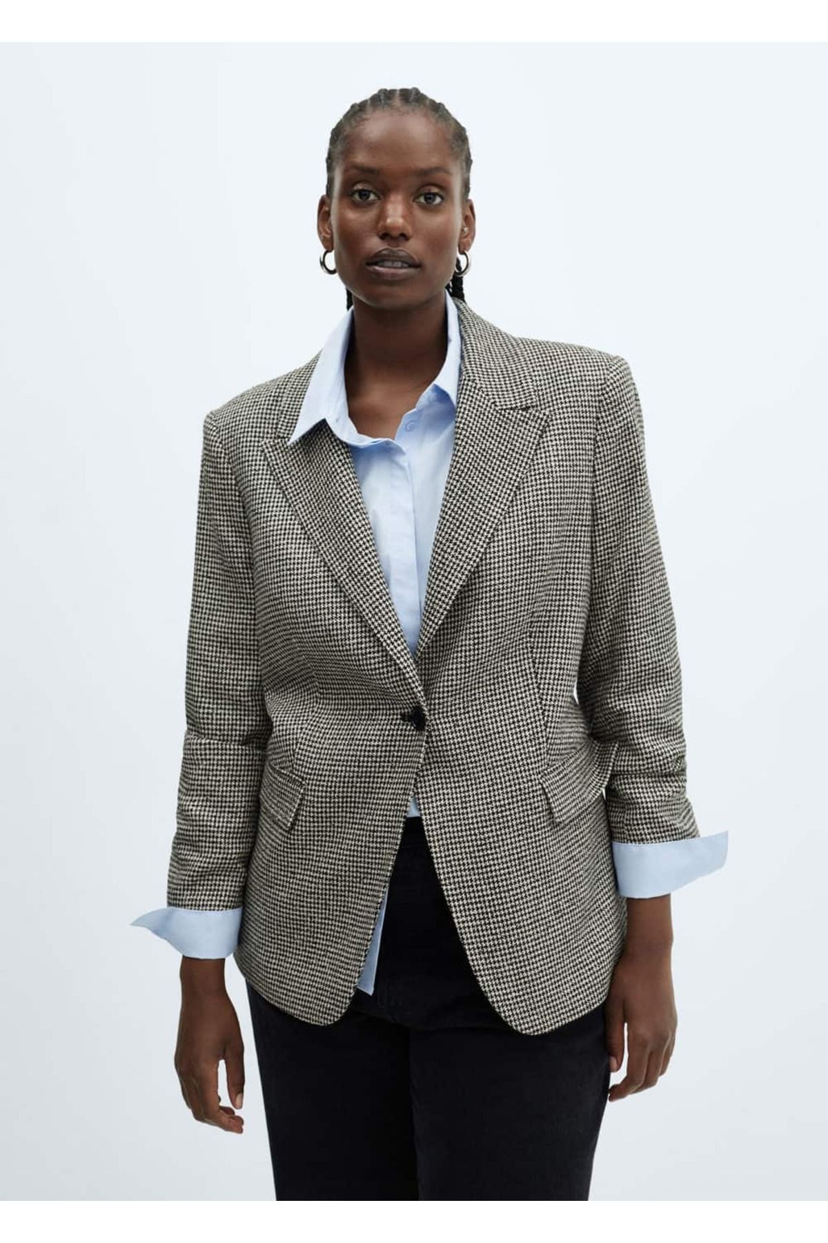 MANGO Woman-Houndstooth Patterned Blazer Jacket with Flap 8