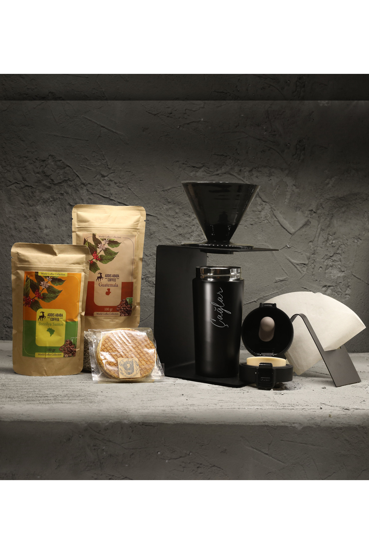 Personalized Steel Thermos & V60 Dripper & Metal Dripper Stand & Holder & Filter Coffee & Waffle Gift Set