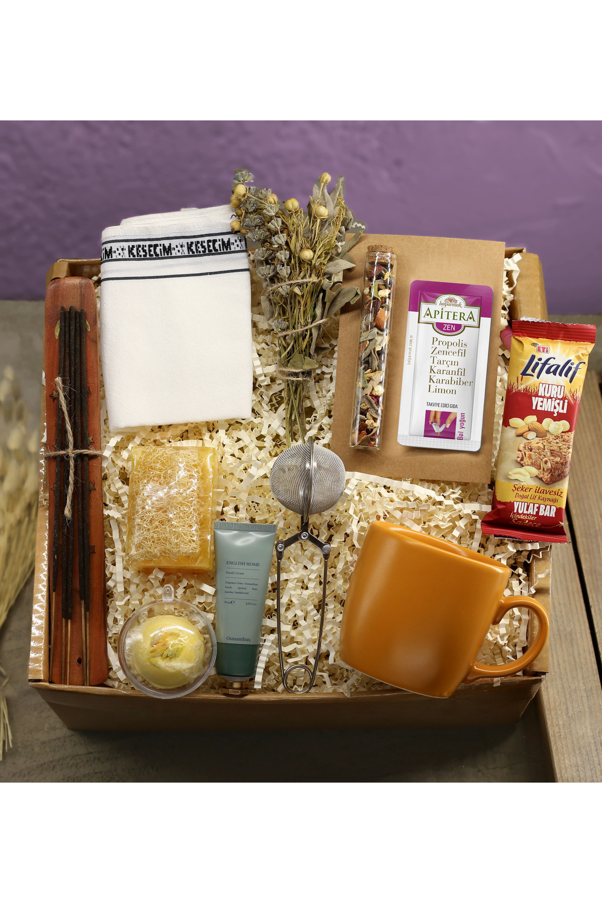 Scrub & Bath Bomb & Cup & Incense & Strainer & Tube & Apitera & Hand Cream & Oat Bar & Incense Plate & Soap Gift Set