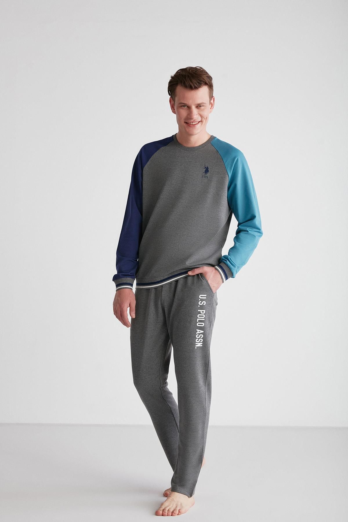 ست پیژامه خاکستری مردانه لباس خواب آستین بلند آنتراسیت ملانژ C1T8N7O18 U.S. Polo Assn.