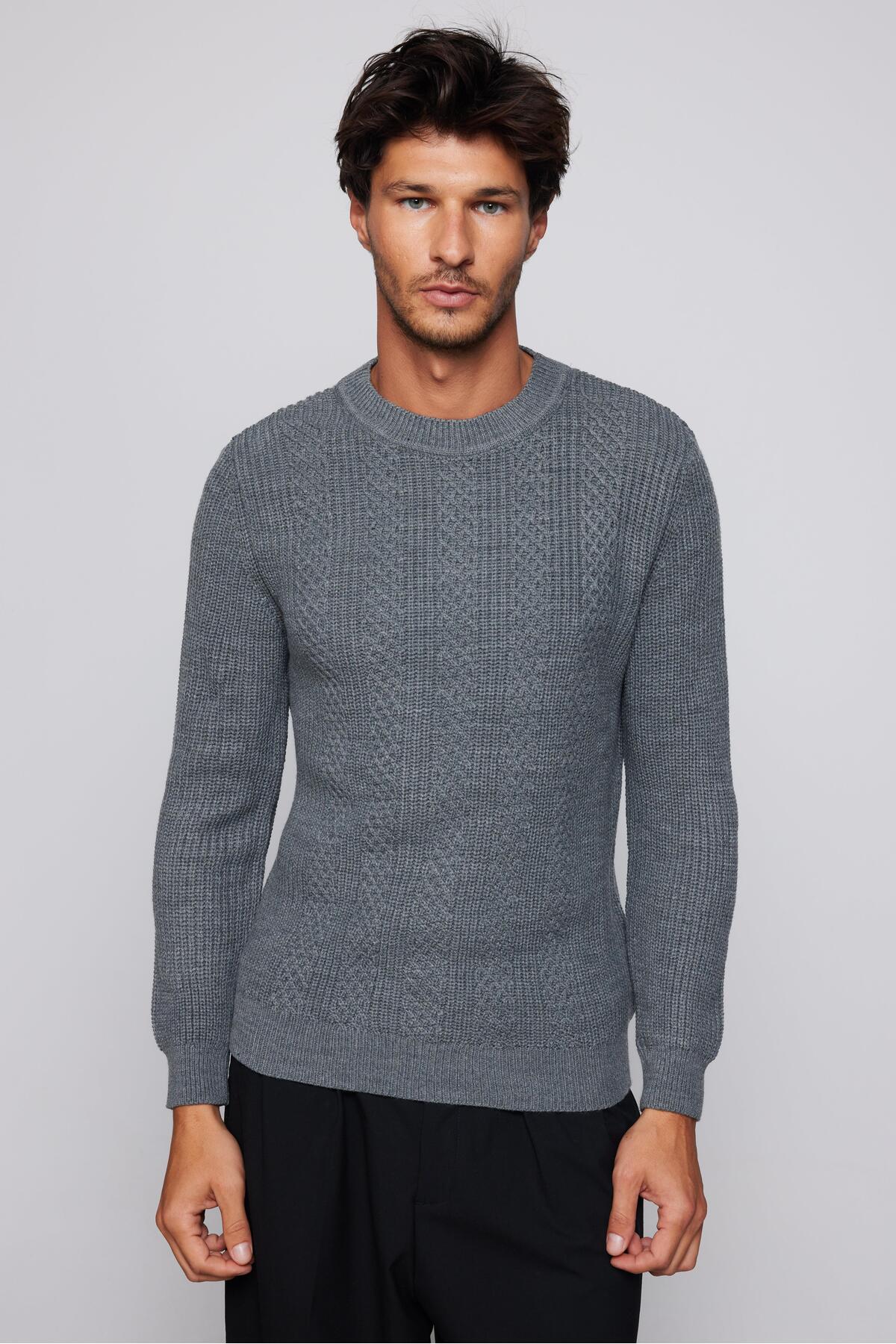 Men's Slim Fit Crew Neck Patterned Gray Sweater