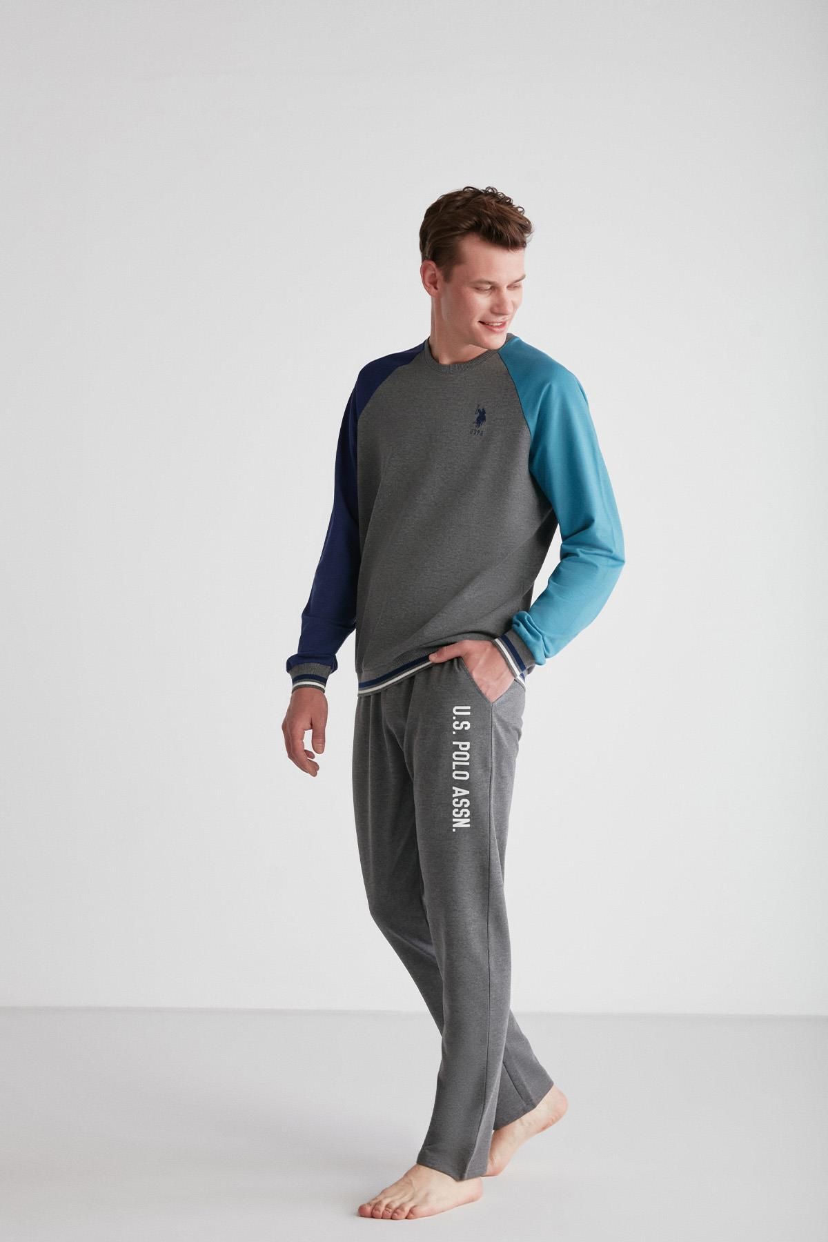 ست پیژامه خاکستری مردانه لباس خواب آستین بلند آنتراسیت ملانژ C1T8N7O18 U.S. Polo Assn.