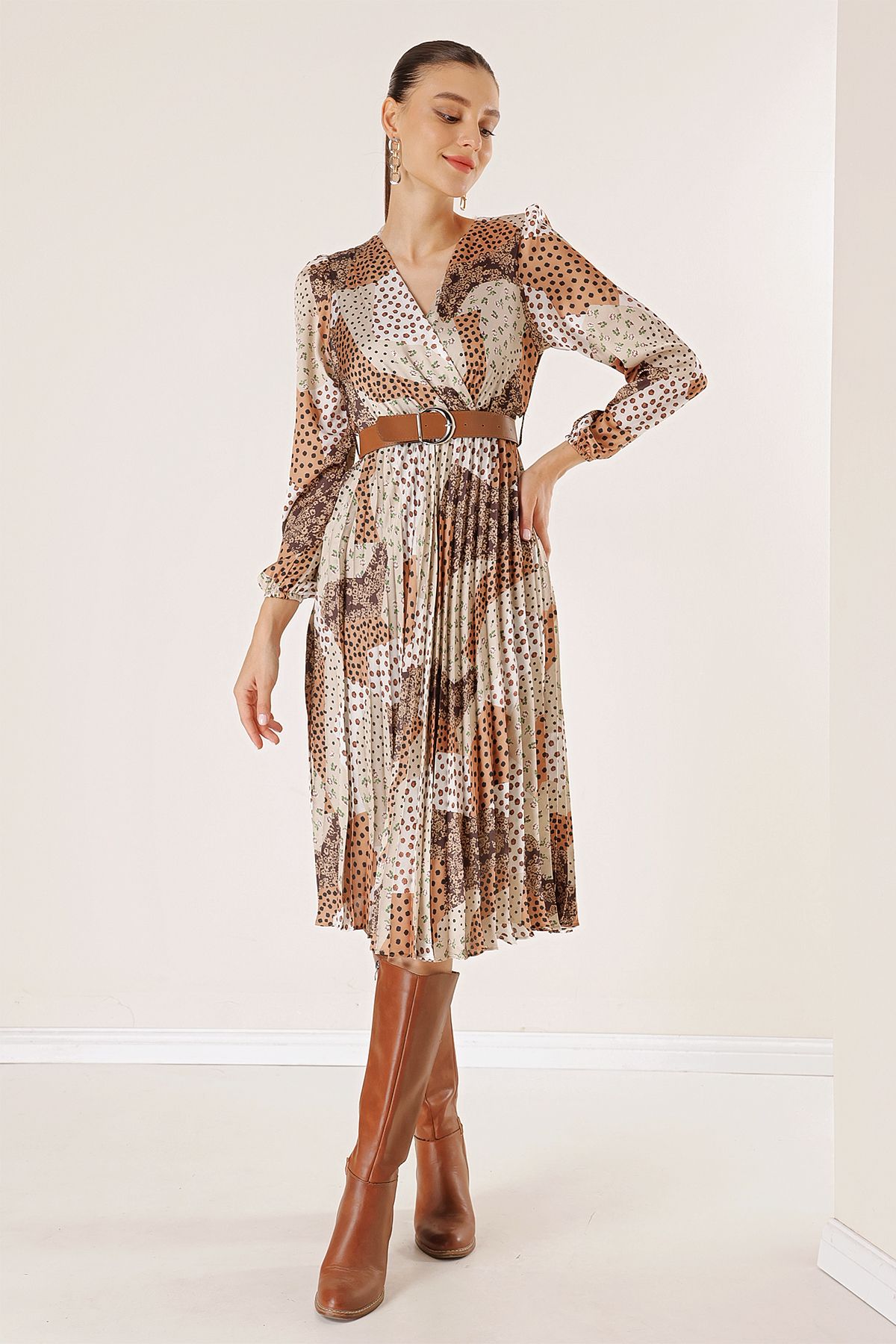 By Sayg Double Breasted Neck Waist Belted Mixed Patterned Lined
