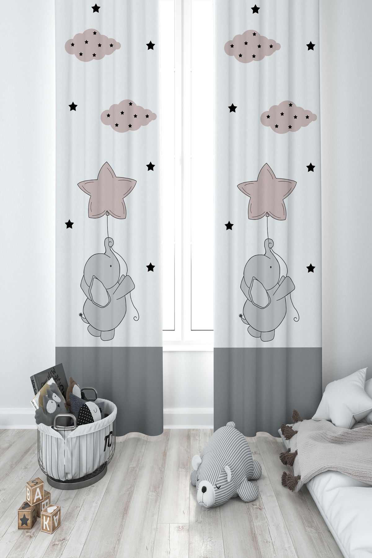 BABY and CHILDREN 'S ROOM 2 Wing Background Curtains with Elephant and Hopscotch Pattern