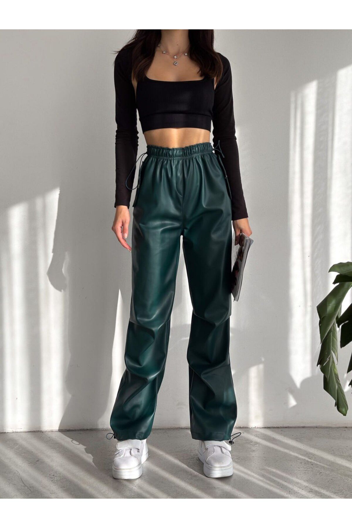 Green hot sale leather trousers