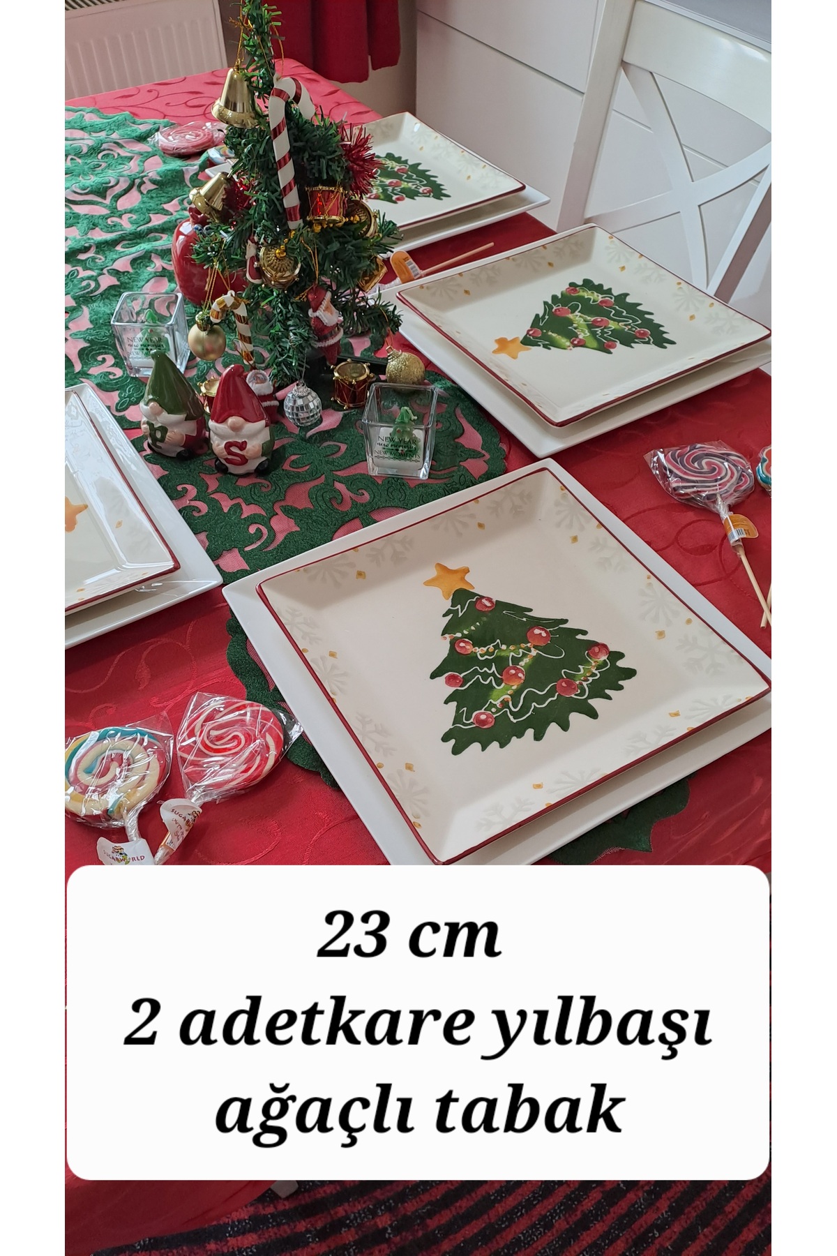 Yılbaşı ağacı figürlü 2 adet kare tabak yeni yıl dekoratif sunum tabağı kırmızı yeşil hediyelik TYCO6EG1PN169890831510131 - 