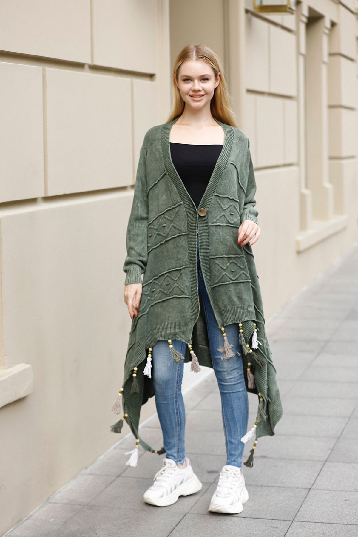 AYASOFYA OTANTIK Women s Khaki Green Asymmetrical Tassel Detailed
