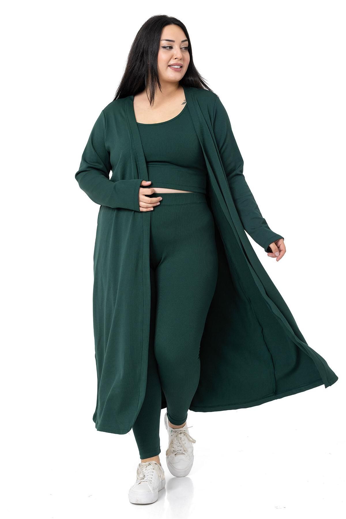 DISENTIS MODEST-Large Size Ribbed Crop Body Tights Cardigan Triple Emerald Set 4