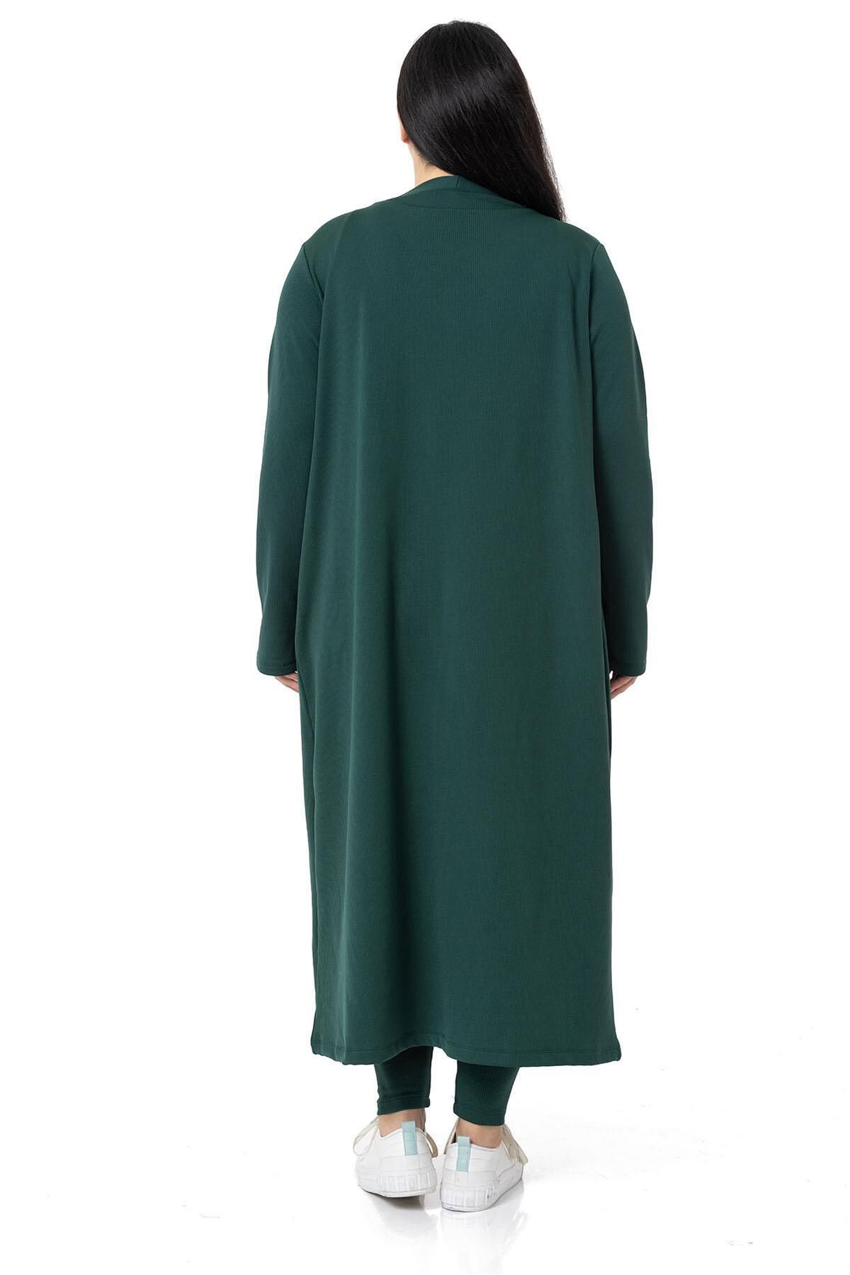 DISENTIS MODEST-Large Size Ribbed Crop Body Tights Cardigan Triple Emerald Set 3