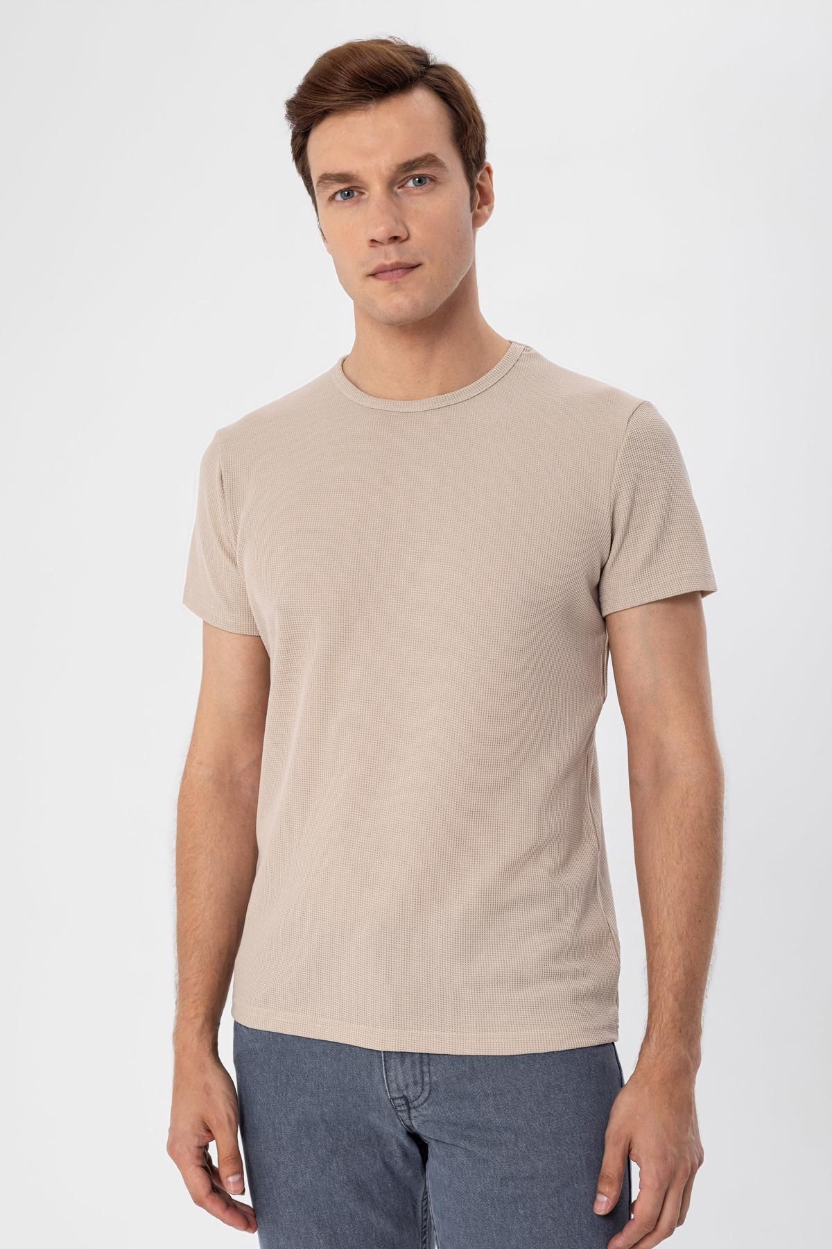 O Neck Slim Fit Dobby T-shirt SÜVARİ