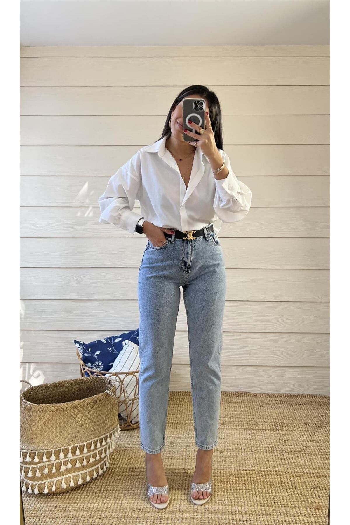 ByCukurovaFrango  Vivien Mavi Mom Kot Pantolon Likralı Yüksek Bel Mavi Kar Yıkamalı Mom Jeans Kar Yıkama Boyfriend - Görsel 4