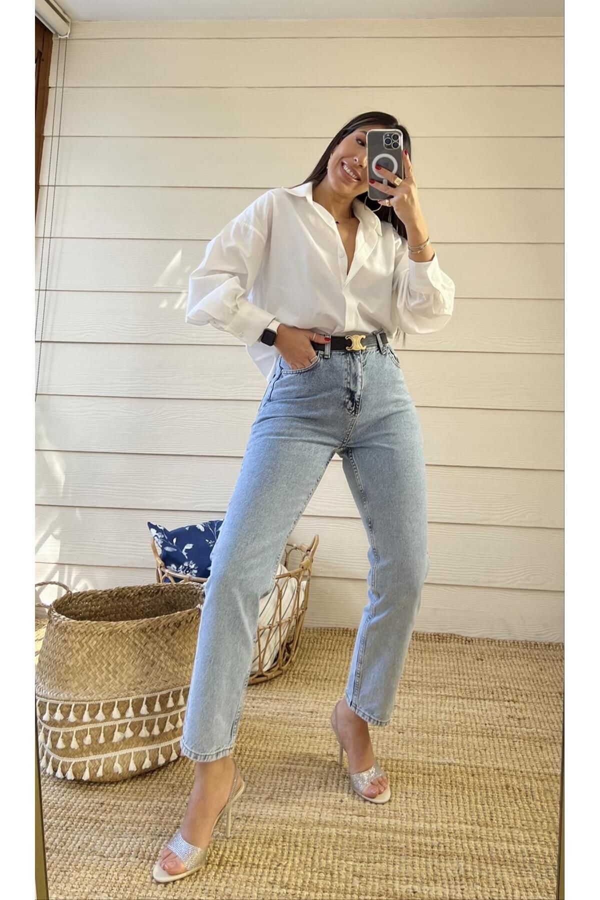 ByCukurovaFrango  Vivien Mavi Mom Kot Pantolon Likralı Yüksek Bel Mavi Kar Yıkamalı Mom Jeans Kar Yıkama Boyfriend - Görsel 3