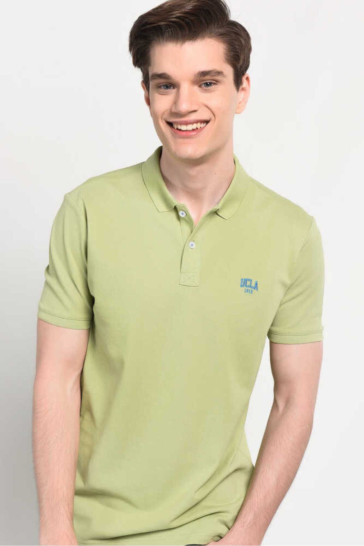 Ucla تی شرت مردانه گلدوزی شده با یقه پولو سبز