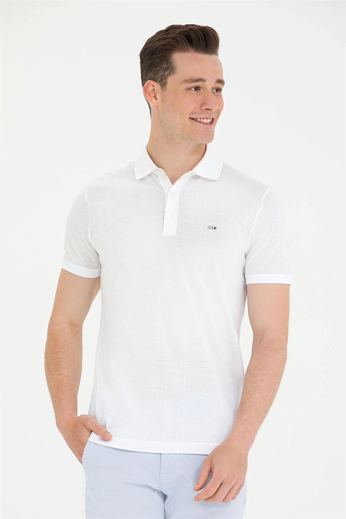 یو اس پولو تی‌شرت یقه‌دار سفید مردانه G081SZ011.000.1573404.VR013