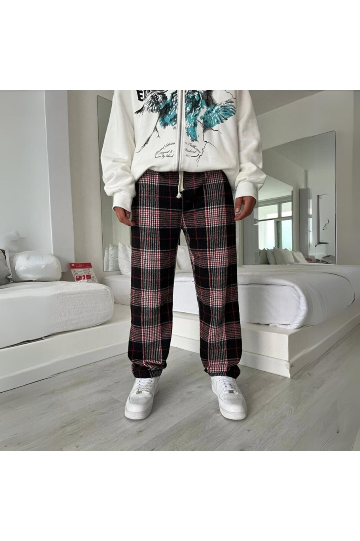 K stebek Red Plaid on Black Comfortable Thick Lumberjack Fabric