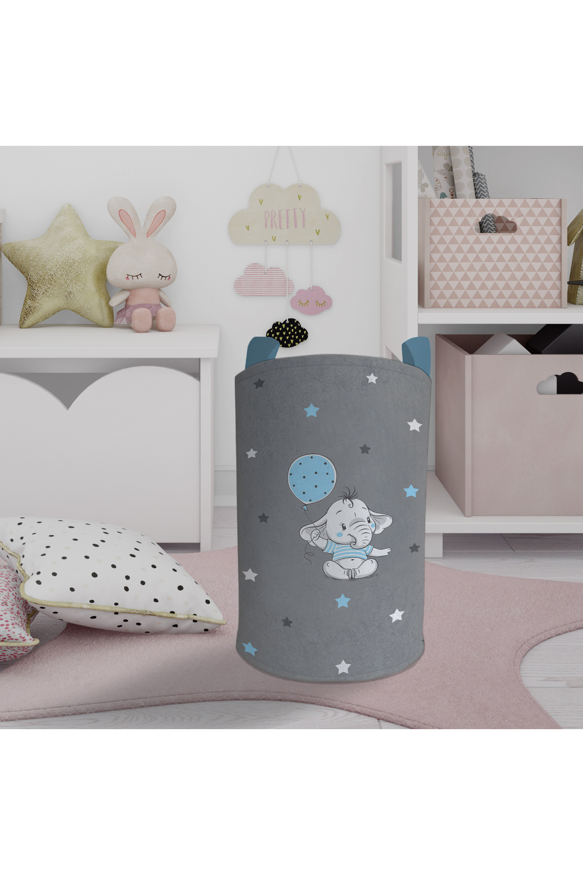 MEKTA HOME BEBEK VE ÇOCUK ODASI Açık Mavi Filli Balonlu Oyuncak Sepeti