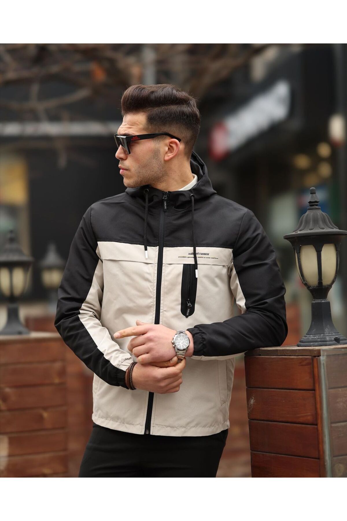 Clavi  Kapüşonlu Erkek Mevsimlik Ceket, Yağmurluk Siyah - Bej - Görsel 2