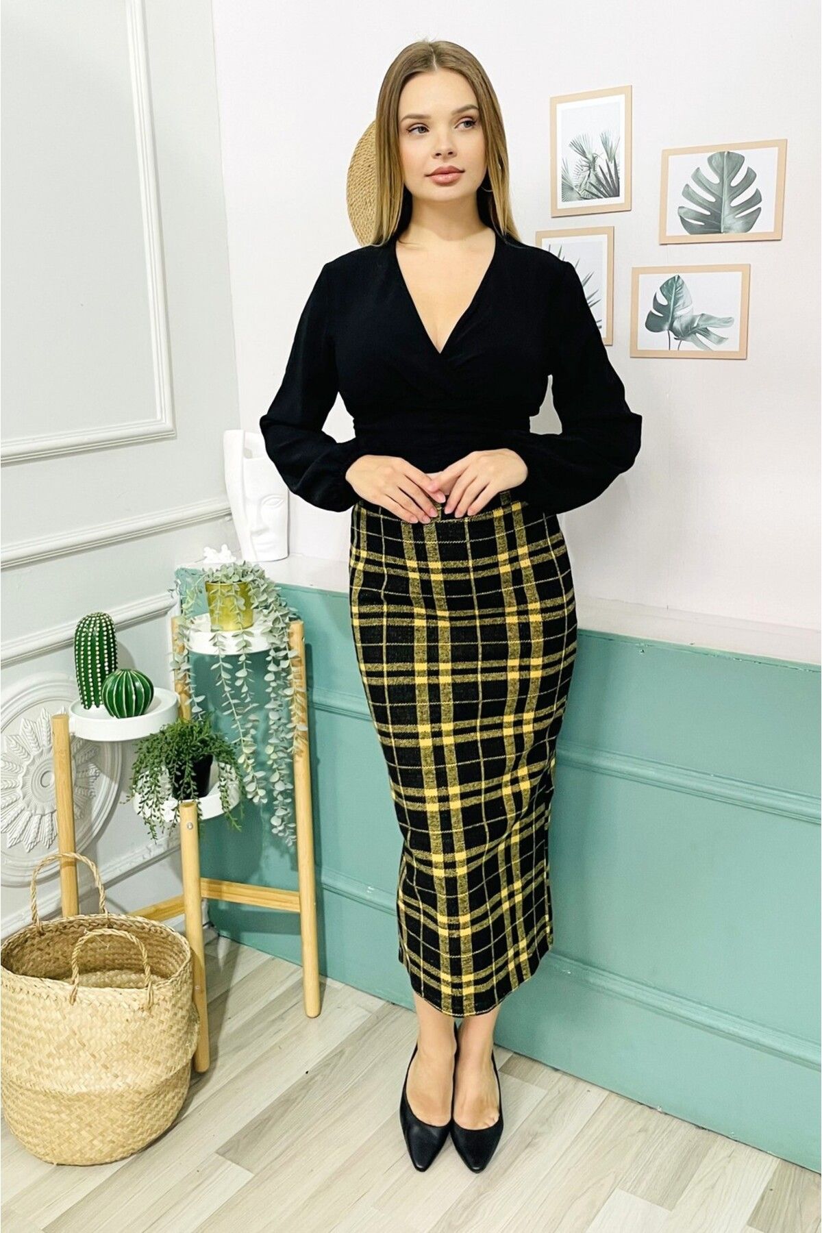 StilOBA MUSTARD SLEEVE PLAID PEN SKIRT Trendyol
