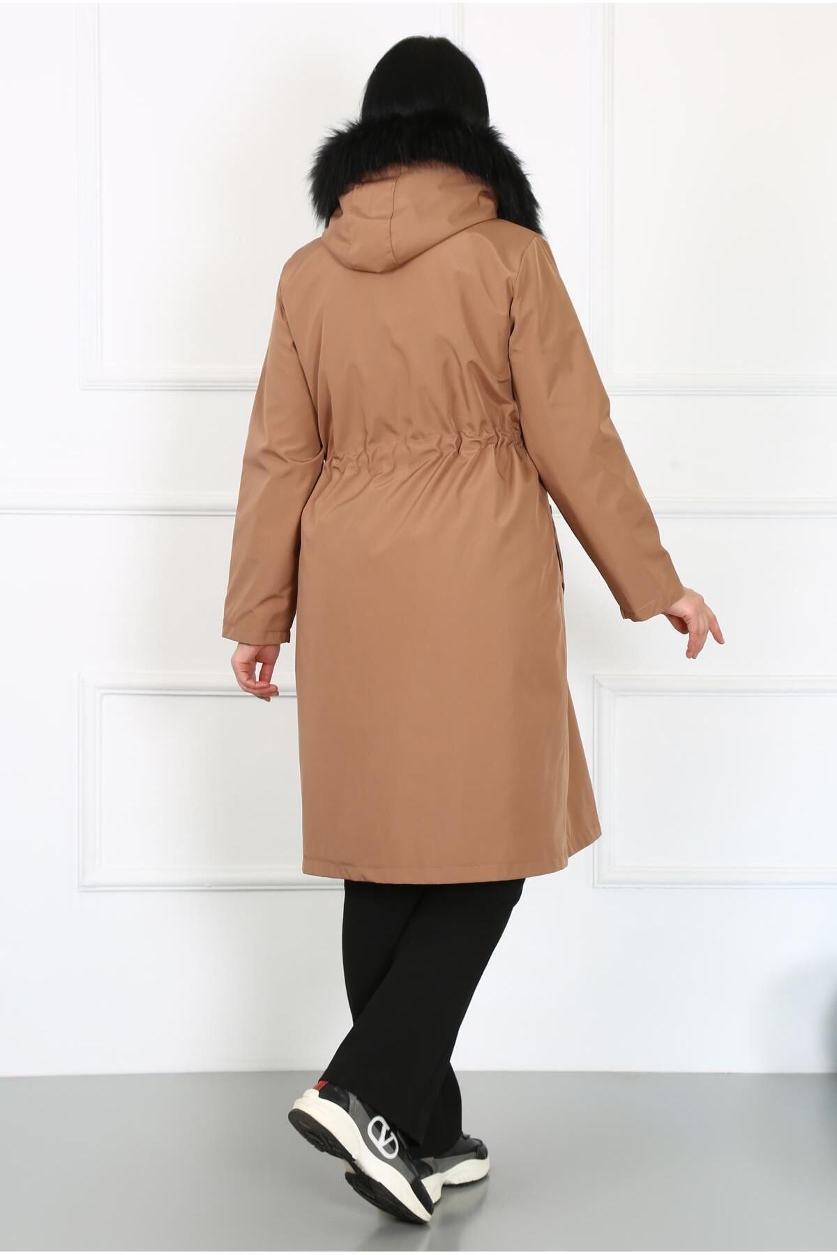 By Alba Collection-Women's Light Brown Long Bondite Fabric Inside Curly Large Size Coat 3