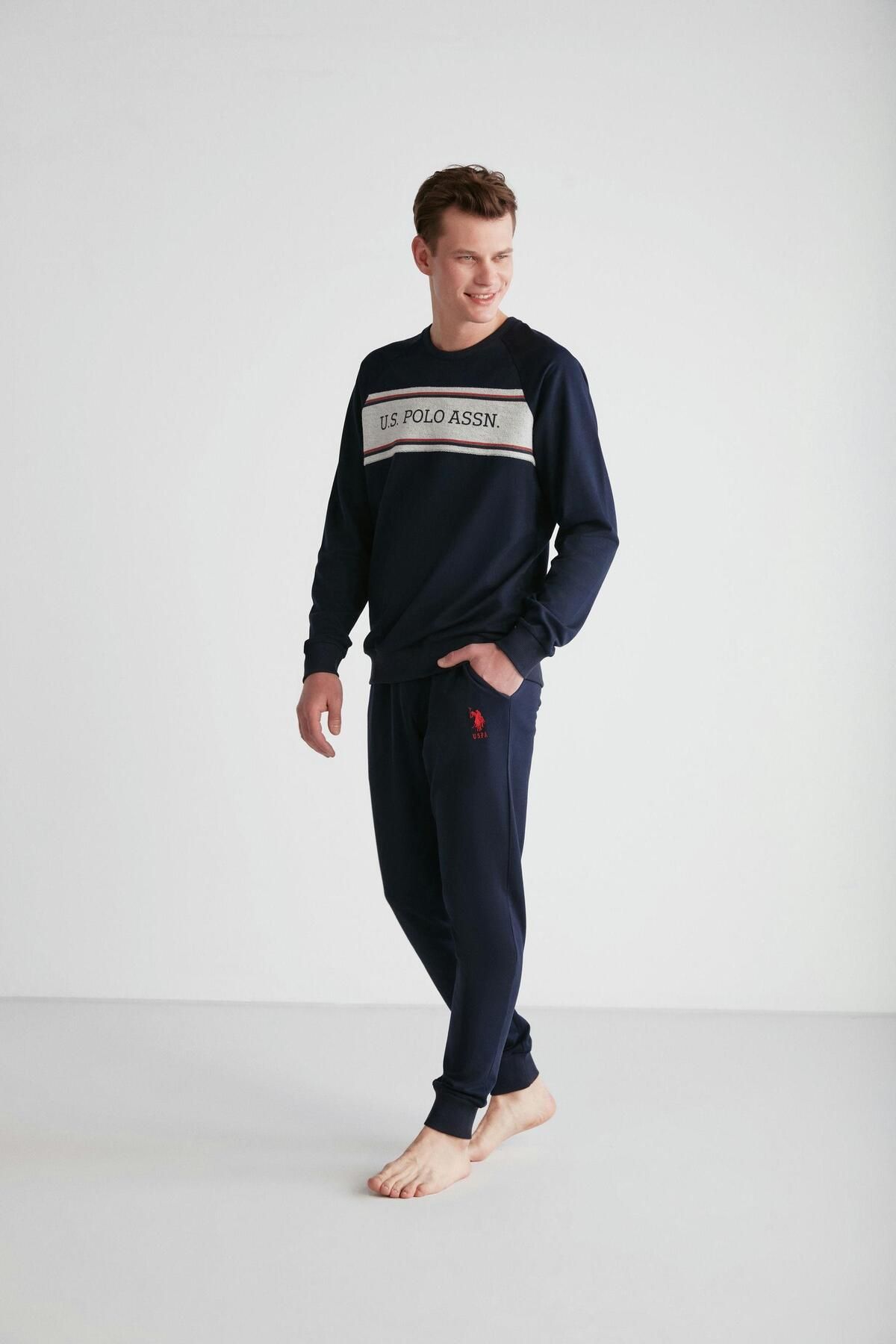 ست پیژامه آبی مردانه لباس خواب یقه گرد سرمه ای U.S. Polo Assn.
