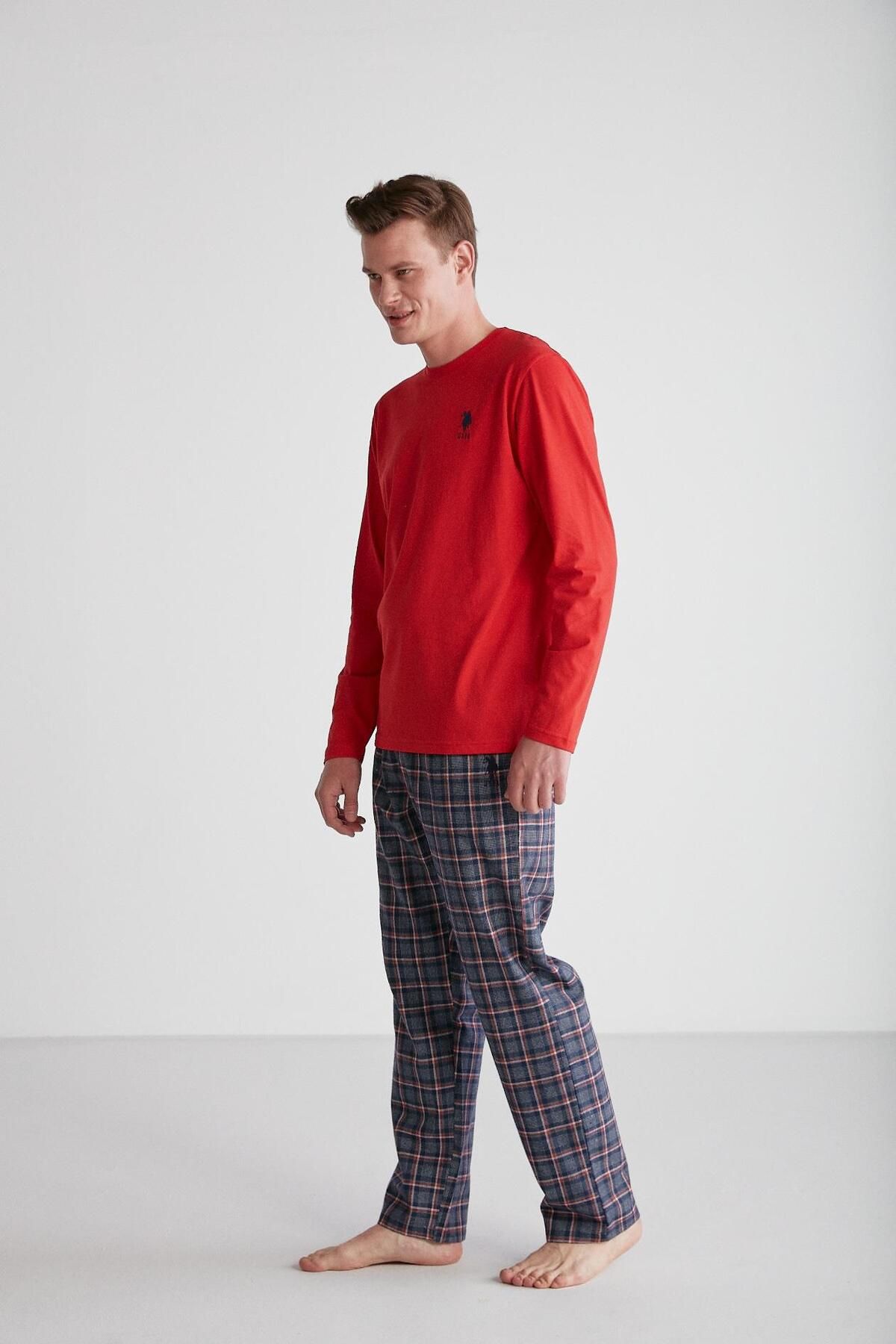 ست پیژامه قرمز مردانه لباس خواب یقه گرد U.S. Polo Assn.