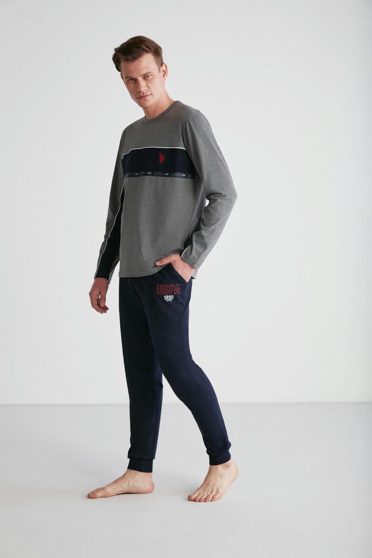 ست پیژامه خاکستری مردانه لباس خواب یقه گرد آنتراسیت ملانژ U.S. Polo Assn.