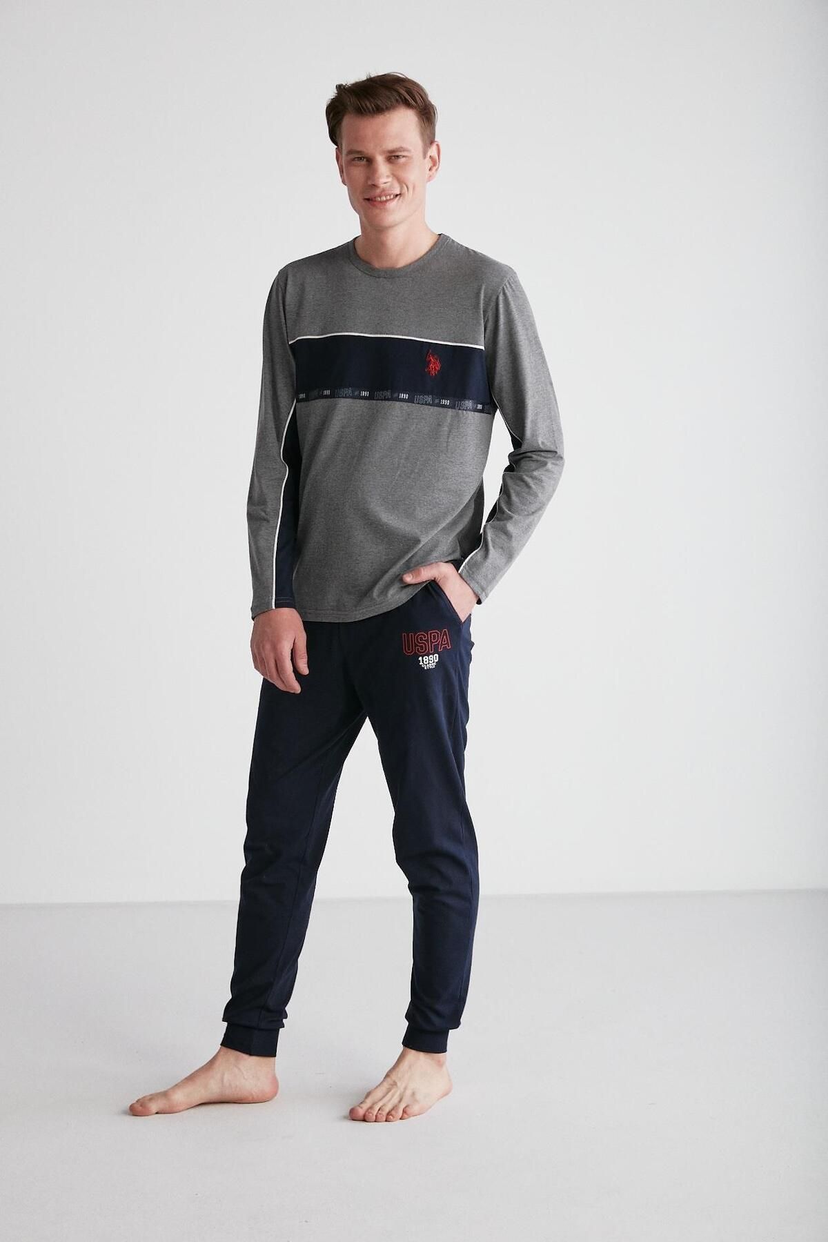 ست پیژامه خاکستری مردانه لباس خواب یقه گرد آنتراسیت ملانژ U.S. Polo Assn.