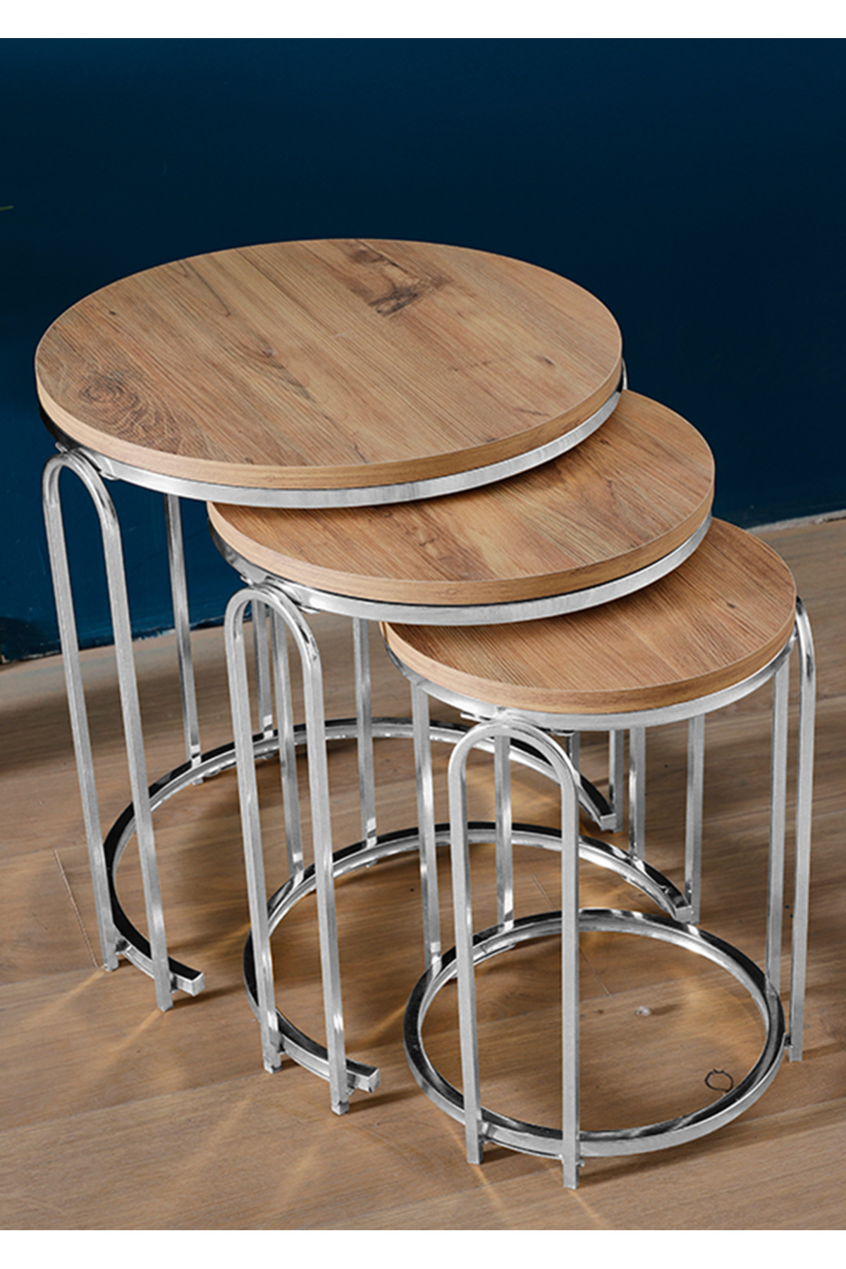 3' LÜ ANTİK ÇAM AHŞAP NİKEL (GÜMÜŞ) AYAK LENKA METAL SEHPA